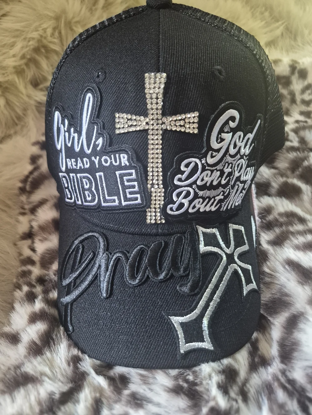 Black Embroidered Christian Trucker Cap with Rhinestone Cross
